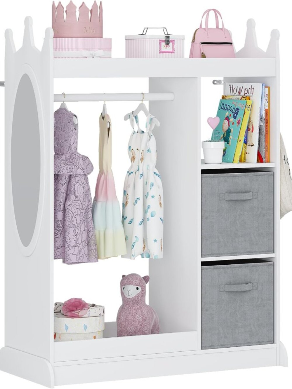 Kids Dress up Storage with Crown-Shaped Design and 2 Fabric Bins
